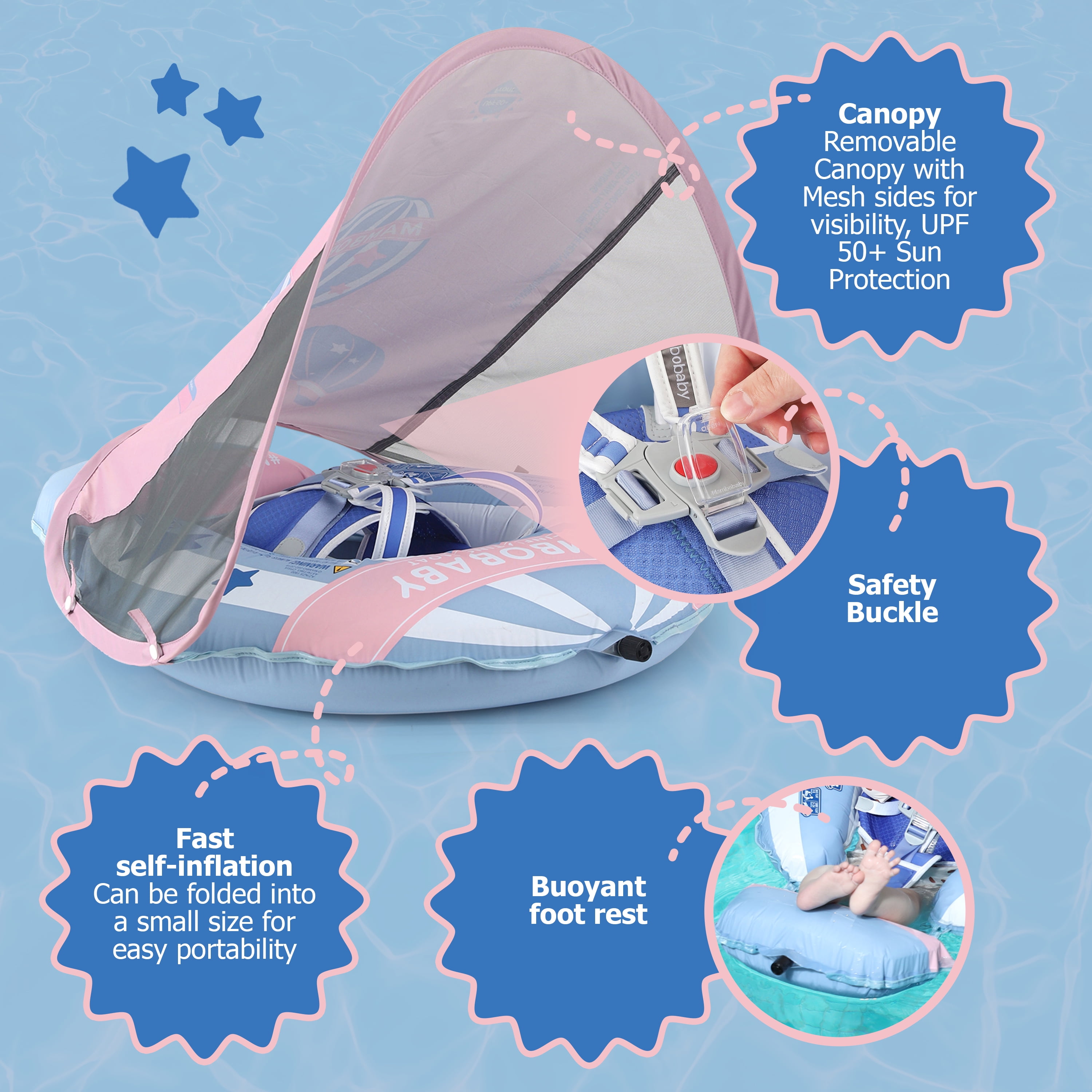 Mambobaby Self Inflating Baby Pool Float with Canopy- Blue
