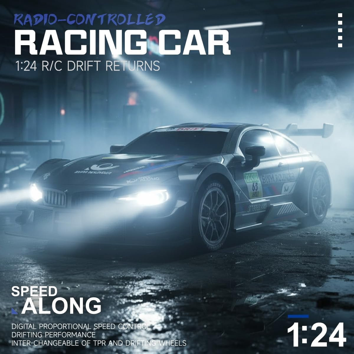 HYPERLIVING Remote Control Car – 1:24 Scale 4WD RC Drift Car – 2.4GHz High-Speed ​​Racing Car (20 km/h) with Two Batteries and LED Lights