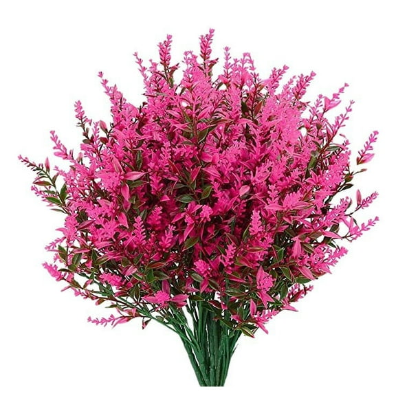 Sinhoon 8 Bundles Artificial Flowers Fake Outdoor Plants Faux Uv Resistant Lavender Flower Plastic Shrubs Indoor Outside Hanging Decorations (Rose Red)