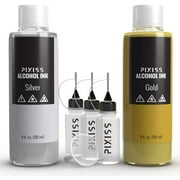 Silver and Gold Alcohol Ink for Resin - Metallic Alcohol Ink Silver and Gold Colors 4-Ounce for Epoxy Resin, Tumblers, Resin Art, Alcohol Ink Paper, 3 Pixiss Needle Tip Applicator Bottles and Funnel