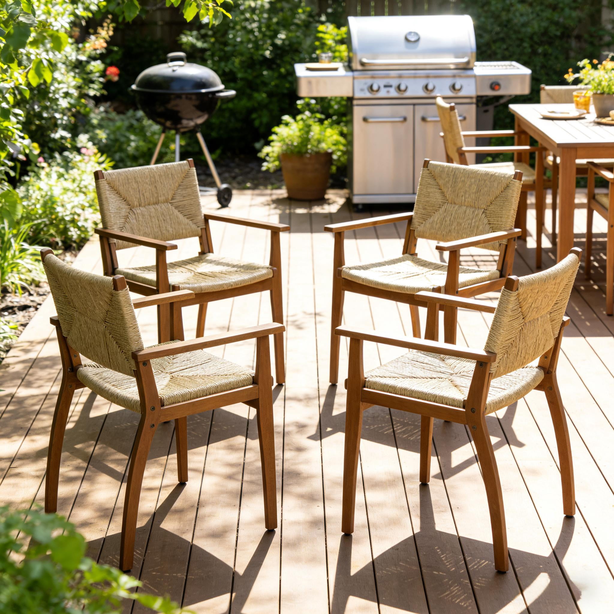 Dining Chair, Outdoor Acacia Wood Frame Handwoven Wicker Seat Chair for Patio Garden, Teak