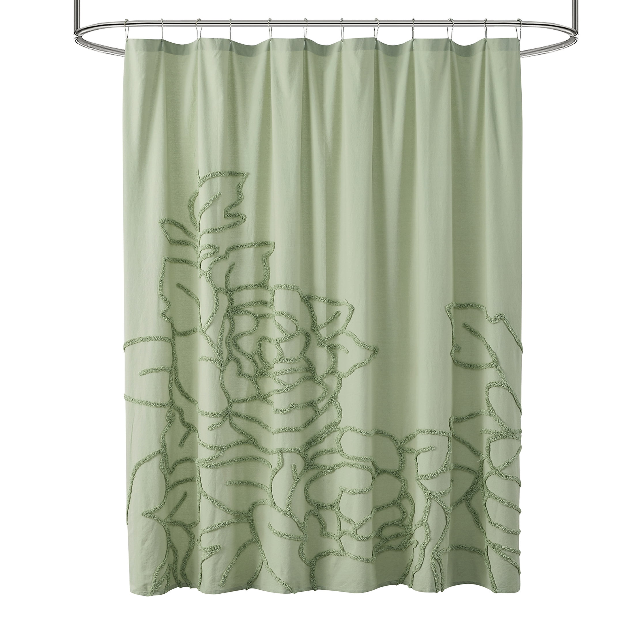 Beautiful Sage Green Botanical Branch Chenille Cotton Shower Curtain by Drew Barrymore, 72" x 72"