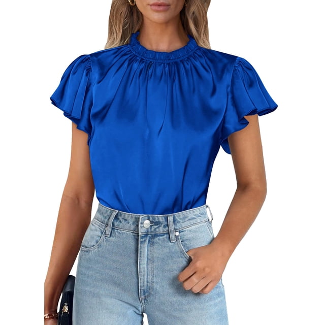 Blusa de Satén para Mujer PRETTYGARDEN con Mangas con Volantes Azul Real XXL