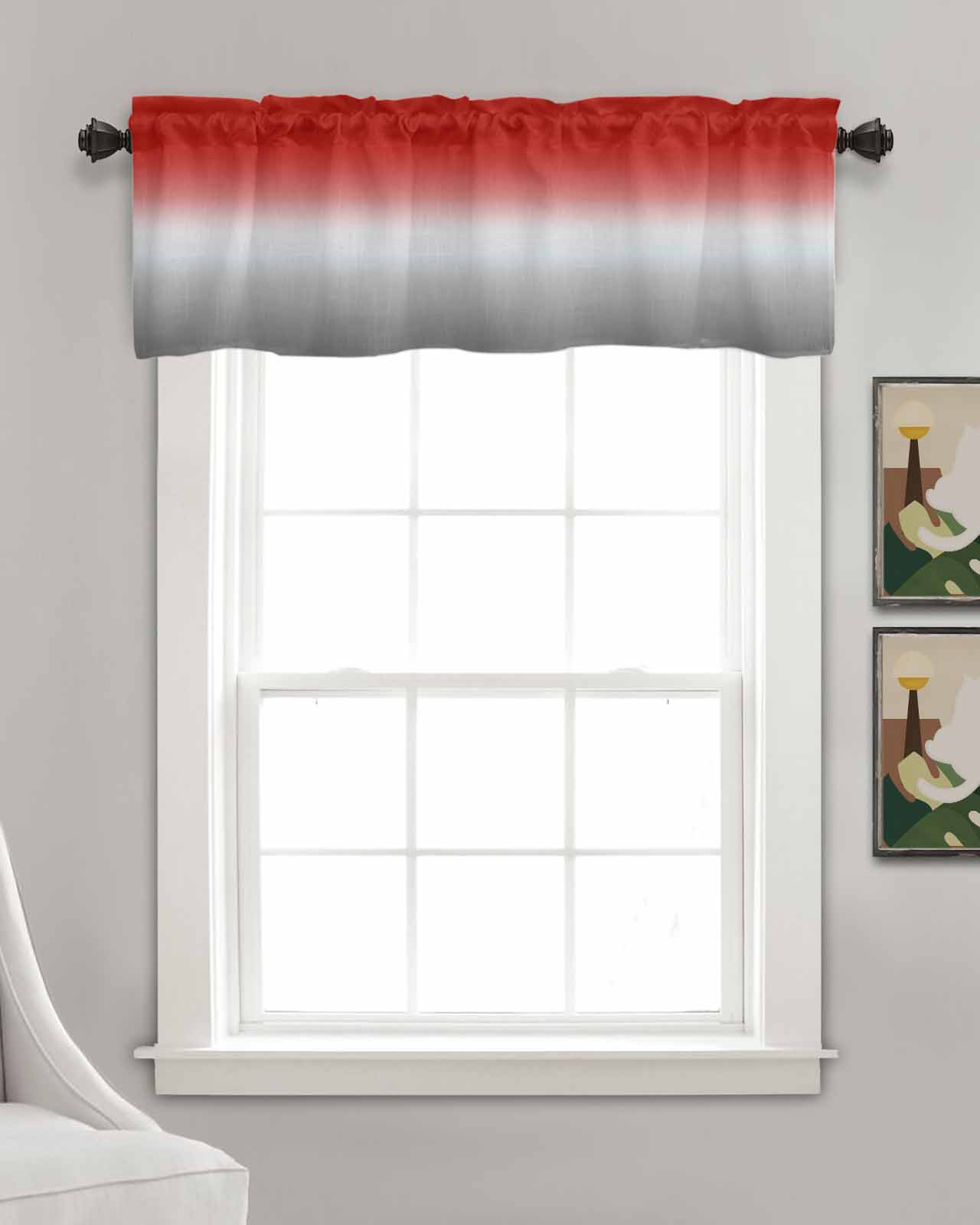 Red Grey Linen Curtain Valance for Bedroom/Bathroom/Kitchen/Office/Living/Dining Room Window,Gradient Greyish Contemporary Minimalist Art Pocket Topper Drapes Decorative Cafe Drapery Panel 42"x18"