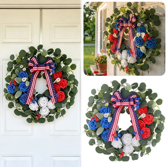 24 Inch Patriotic Wreath Verdsylv 24 Inch Red, White & Blue Wreath for Front Door - 250Th Anniversary Usa Outdoor Decoration - Fourth of July Summer Wreath with Hanger, Blue
