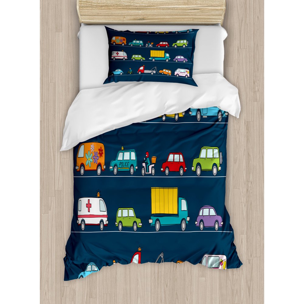 Cars Duvet Cover Set Twin Size, Hand Drawn Various Types Vehicles Trucks Hippie Van Cartoon