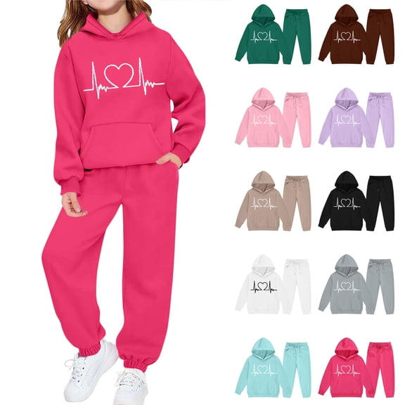Rvasteizo Toddler Loungewear Heart Print Long Sleeve Hoodie Cuffed Pants 2-13 Years Unisex Kids Set