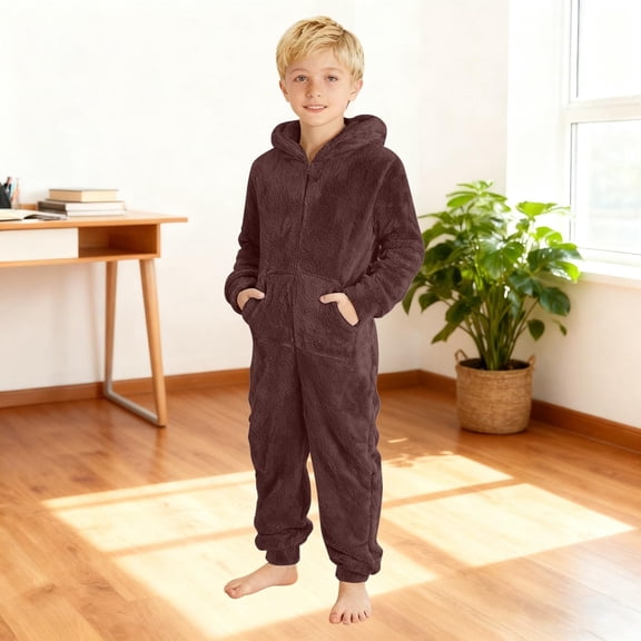 CCRFTGI Fleece Onesie Jumpsuit for Kids Girls Boys Size 8 Fuzzy Zip Up Hooded Soft Onesie Romper Sherpa Boys Fashion Winter Warm Cute Outfit Coffee 11-12 Years