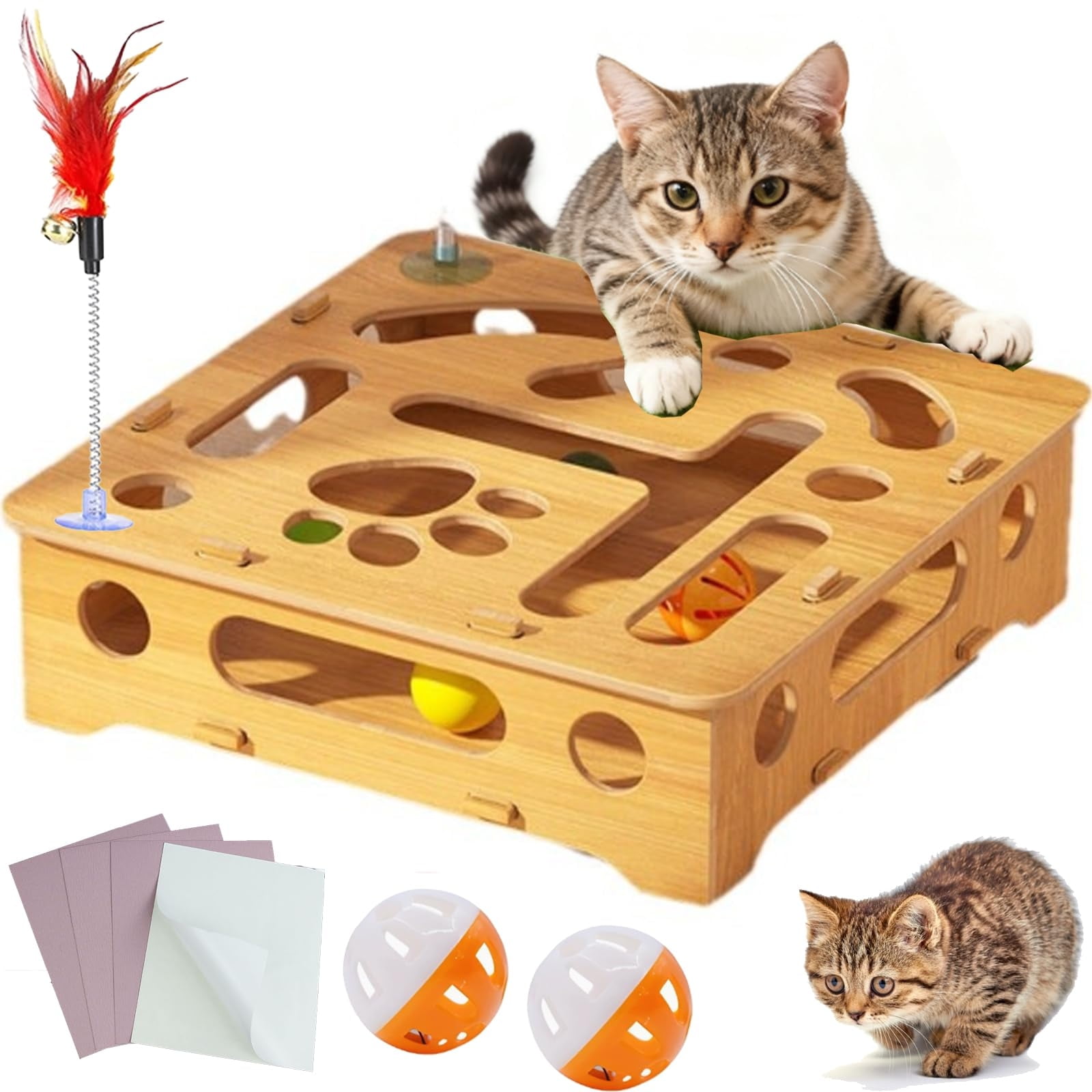 Interactive Cat Toy - Scratch Puzzle Enrichment Box with Bells, Stress Relief for Cats, Interactive Puzzle Game for Indoor Cats (1 Maze Box + 2 Bell Balls)