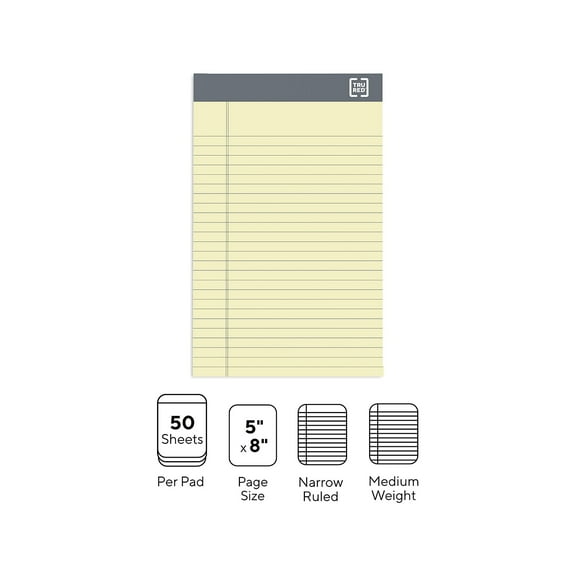 Staples TRU RED Notepads 5" x 8" Narrow Ruled Canary 50 Sheets/Pad 6 Pads/Pack (TR57357) TR59899