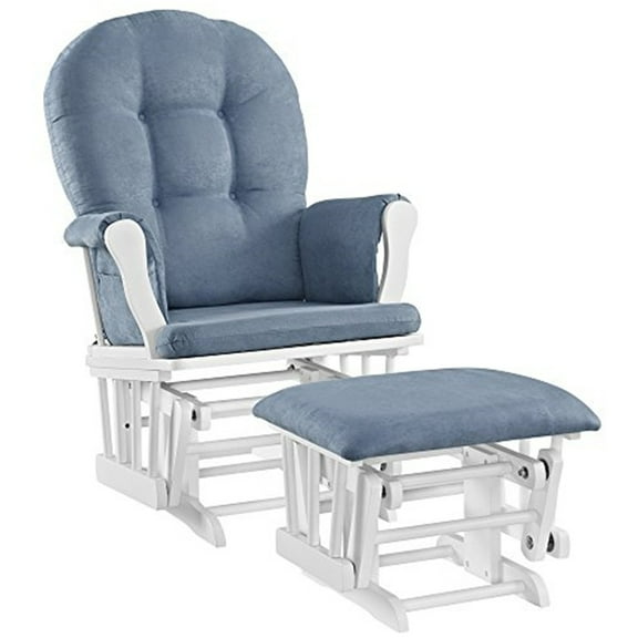 HomeStock Mountain Majesty Glider And Ottoman,White with Blue Cushion - 24.75"D x 25.75"W x 39.5"H, Removable Chair Cushions with Enclosed Metal Bearings