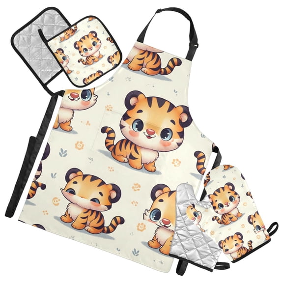 Cute Baby Tiger 5 Pcs Kitchen Set Heat Resistant Oven Mitts and Non-Slip Pot Holders with Adjustable Cooking Apron