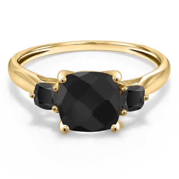 Gem Stone King 10K Yellow Gold Black Onyx 3-Stone Engagement Ring for Women | 1.73 Cttw | Cushion Checkerboard 7MM and 3MM | Three Stone Wedding Engagement Anniversary Ring for Women | Size 9