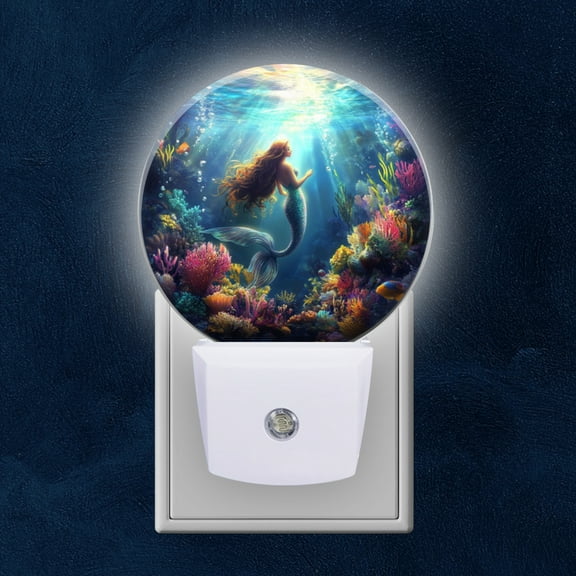 Round LED Night Lights Lamp with Dusk to Dawn Sensor, Mermaid With Long Hair And Tail Night Light Plug Into Wall for Kids Room, Bedroom, Bathroom, Kitchen, Hallway