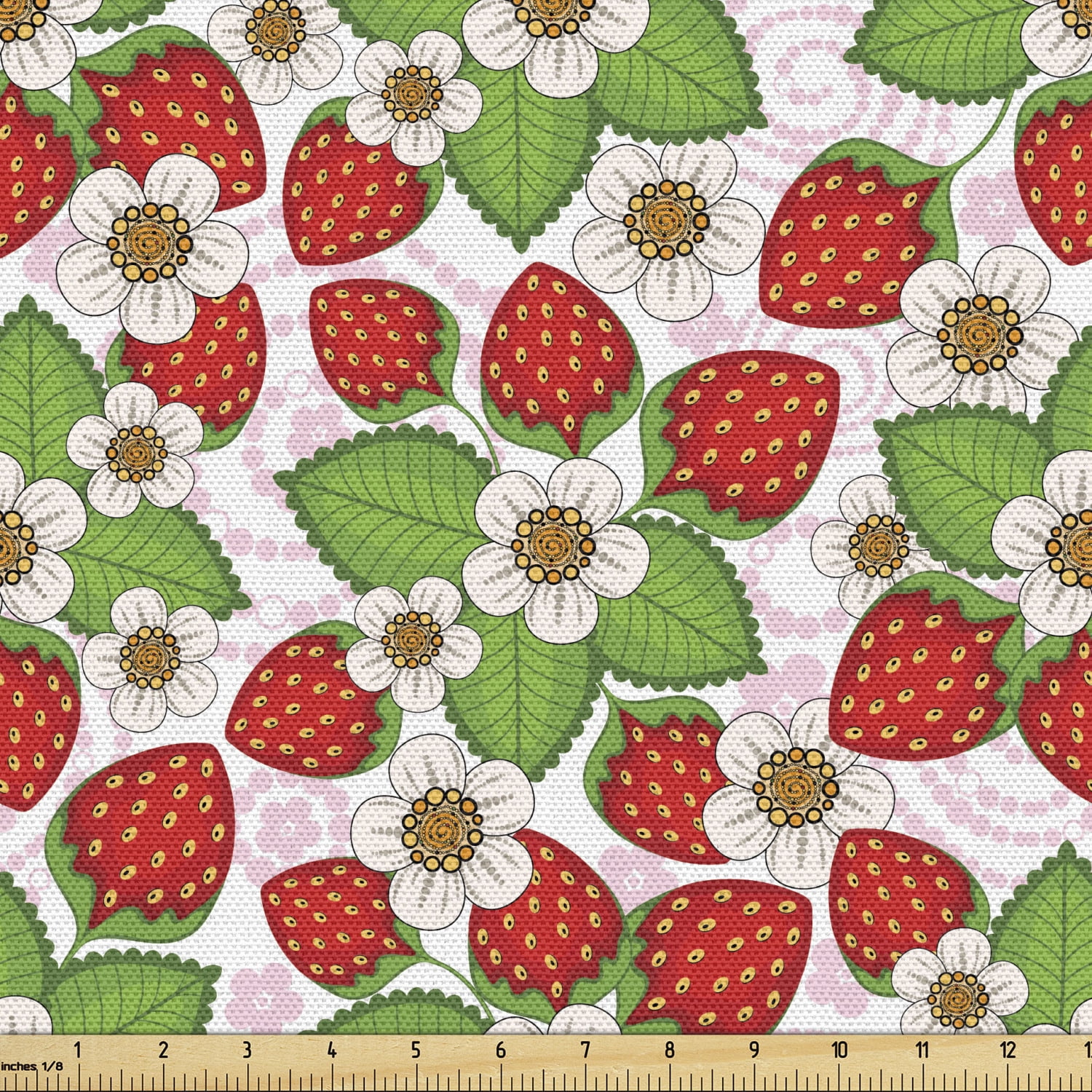 Spring Fabric by The Yard, Floral Pattern with Strawberries Flowers and