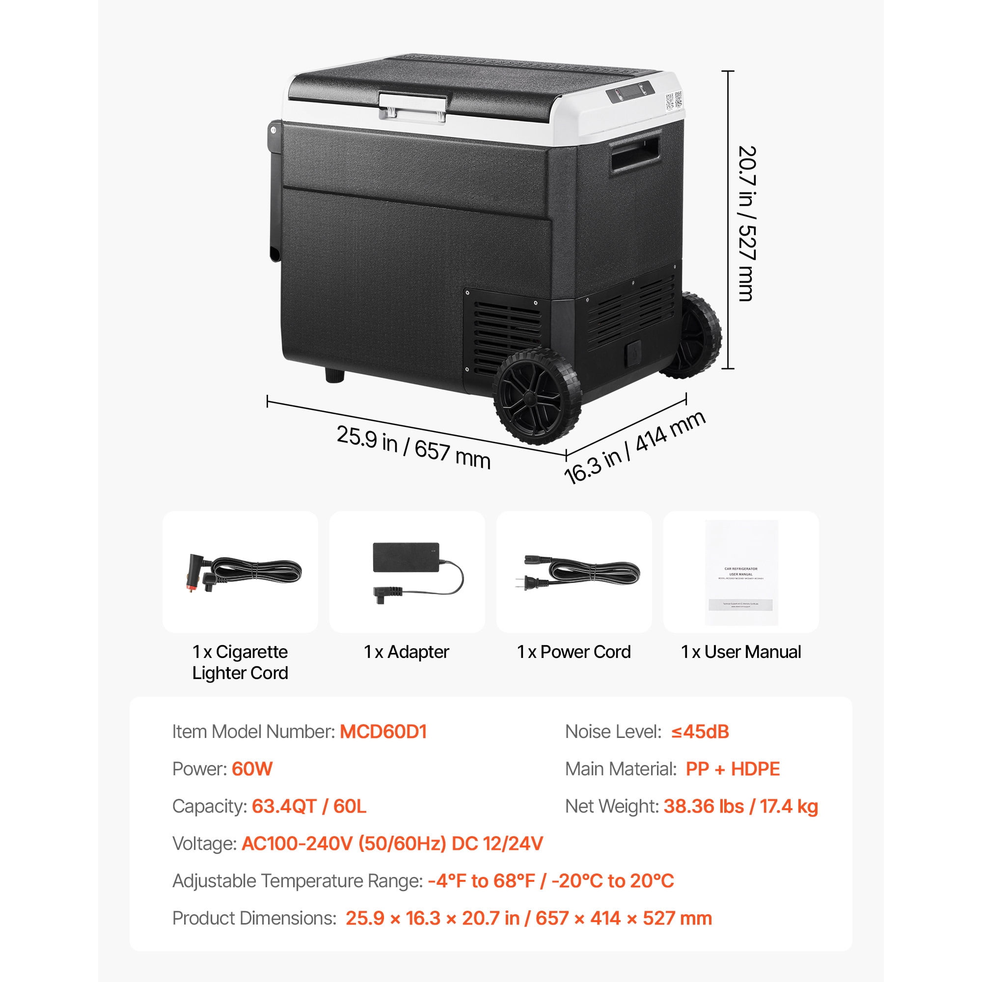 KFFKFF 12 Volt Car Refrigerator with Wheels, 63.4QT/60L Portable Fridge,Car Freezer Compressor Cooler -4℉~68℉,Freezer Fridge Cooler for RV,Camping
