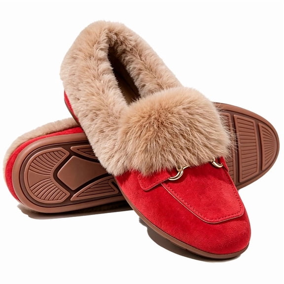Knivor Cozy Moccasin Slippers for Women Metal Slip On Warm Fluffy Slippers Closed Toe Fashion Loafers Slippers for Indoor Outdoor House Shoes