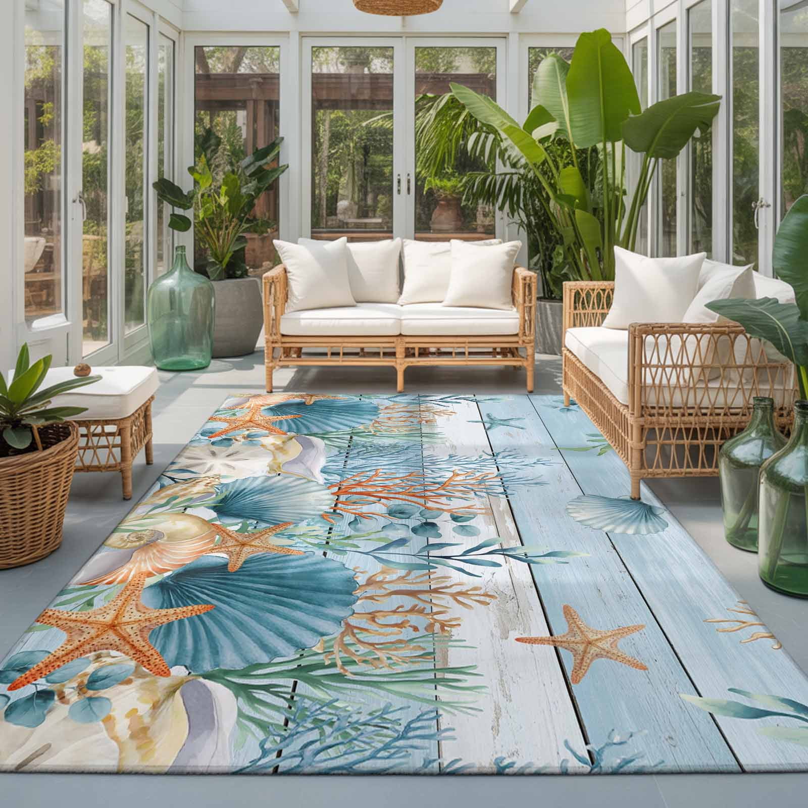 Area Rugs 3'x5', Blue Coastal Carpet Runner Indoor Outdoor Rugs Home Decor Aesthetic, Summer Beach Starfish Shell Coral Nautical Non Slip Mats Washable Accent Rug for Living Room Bedroom