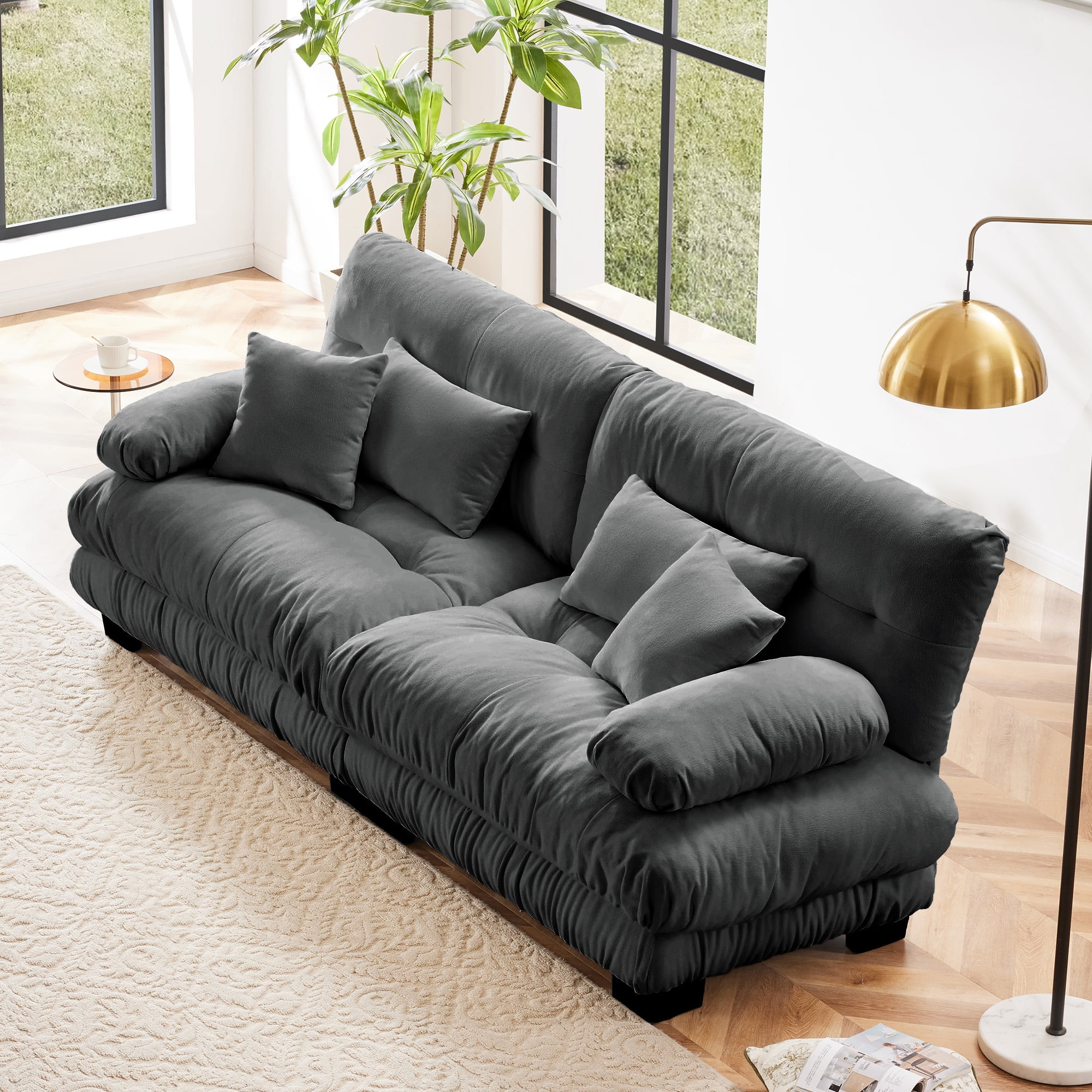 Gewnee Gray Chenille Cloud Couch 2 Seater Sofa with 2 Lumbar pillows 2 - Seat sofa for Living Room