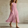 thumbnail image 2 of Ovbmpzd Pleated Summer Dresses for Women Linen Midi Pink Shift Dress Casual Sleeveless Button Down Dresses,M, 2 of 6