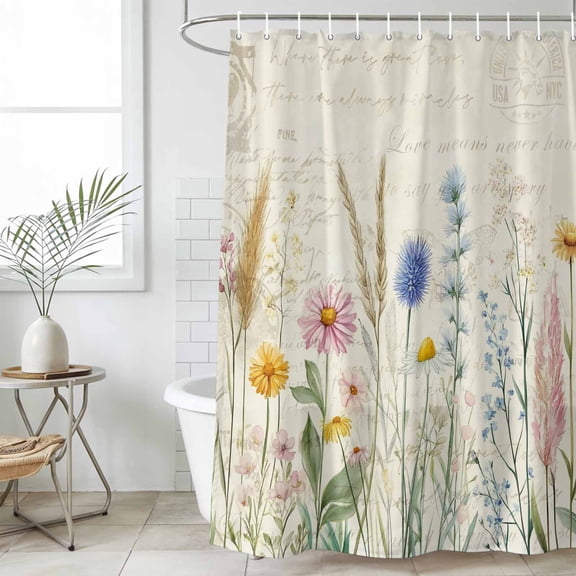 Spring Floral Waterproof Fabric Shower Curtain,Summer Flower Botanical Farmhouse Waterproof Fabric Shower Curtain for Bathroom Curtains Bathtubs Hotel Shower Curtains with 12 Hooks Extra Long 72x96