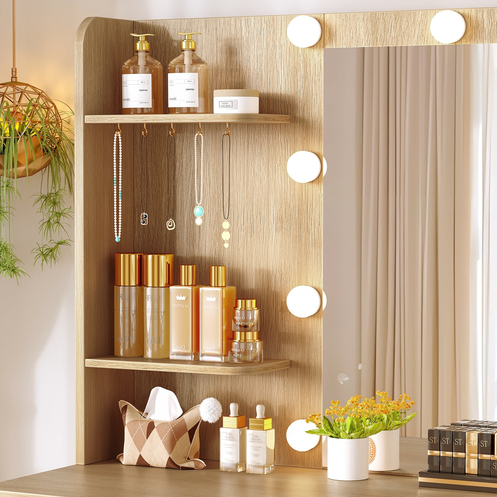 TEENFON Large Makeup Vanity Set with Mirror & Power Outlet, Vanity Desk with 7 Drawers, 4 Shelves and 5 Hooks, Vanity Table, Vanity Desk for Bedroom, Natural