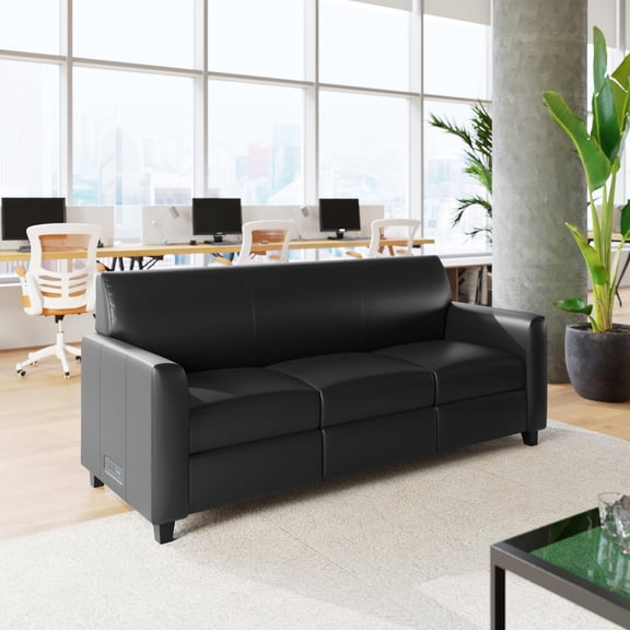 Flash Furniture Black LeatherSoft Reception Sofa with Left and Right Side Charging Banks, Includes 2 Outlets, 2USB Ports, 1 USB-C Port, Solid Wood Legs