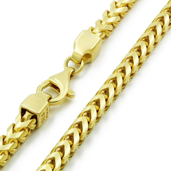 925 Italian Sterling Silver 5mm Solid Franco Chain, FREE Microfiber Cloth, Yellow Gold Plated Square Box Link Chain Mens Womens Necklace, Giorgio Bergamo