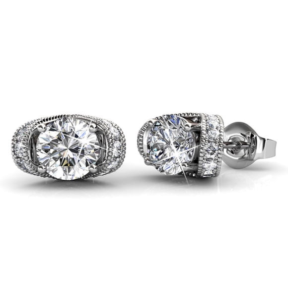 Cate & Chloe Astrid 18k White Gold Earrings with Crystals, Halo Stud Earring Post Set, Round Cut Solitaire Earrings for Women, Ladies