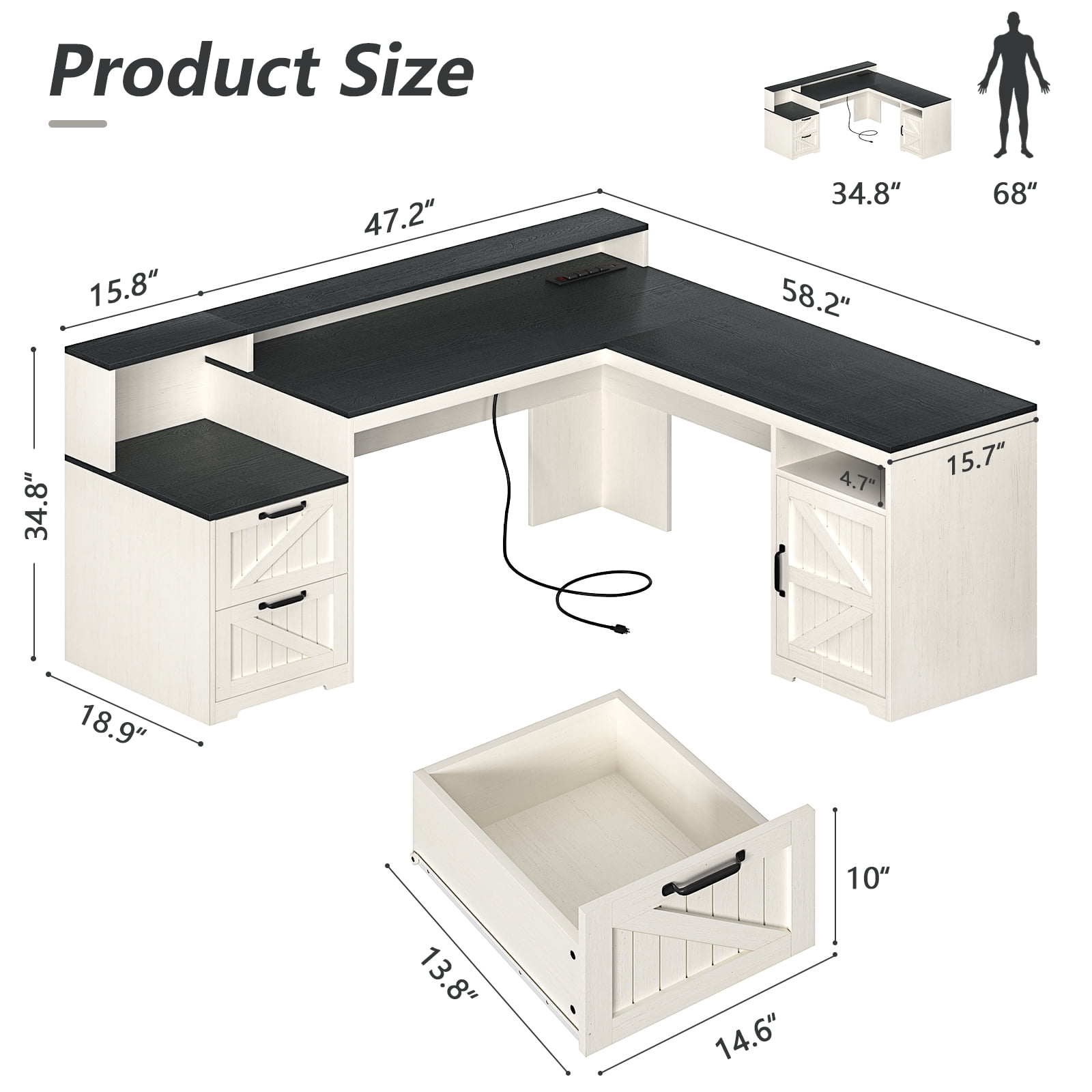 63" Farmhouse L Shaped Executive Desk with Drawers & Storage Shelf, Corner Computer Desk with Power Outlets, L Shaped Office Desk with Monitor Stand, Printer Shelf, Black and White