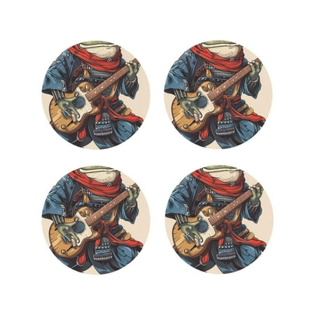 

KLL Drink Coasters Set Round Shape of 4 PU Leather Absorbent Coasters Set Decorative Coffee Cup Coasters Housewarming Gift for Home Decor-Samurai Frog Guitar
