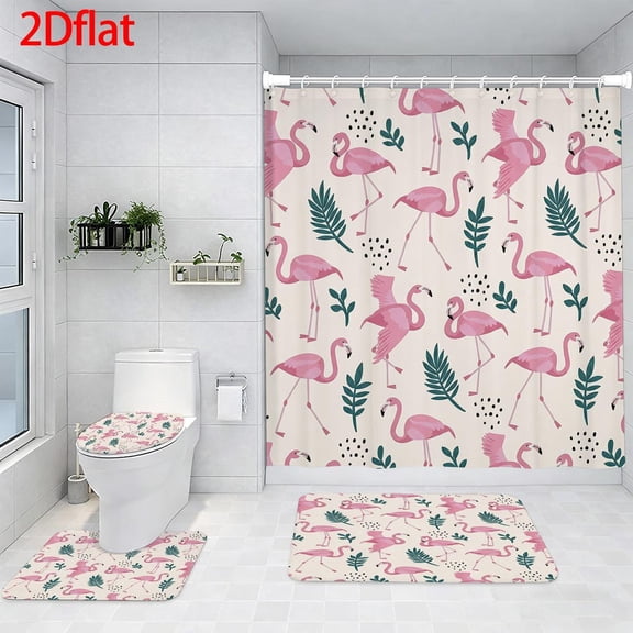 Family Shower Curtain Set Pink Flamingo Pattern Shower Curtain with Hooks.Bathroom Set with Shower Curtain and Rugs and Accessories Bathroom Decor Curtain with 12 Hooks