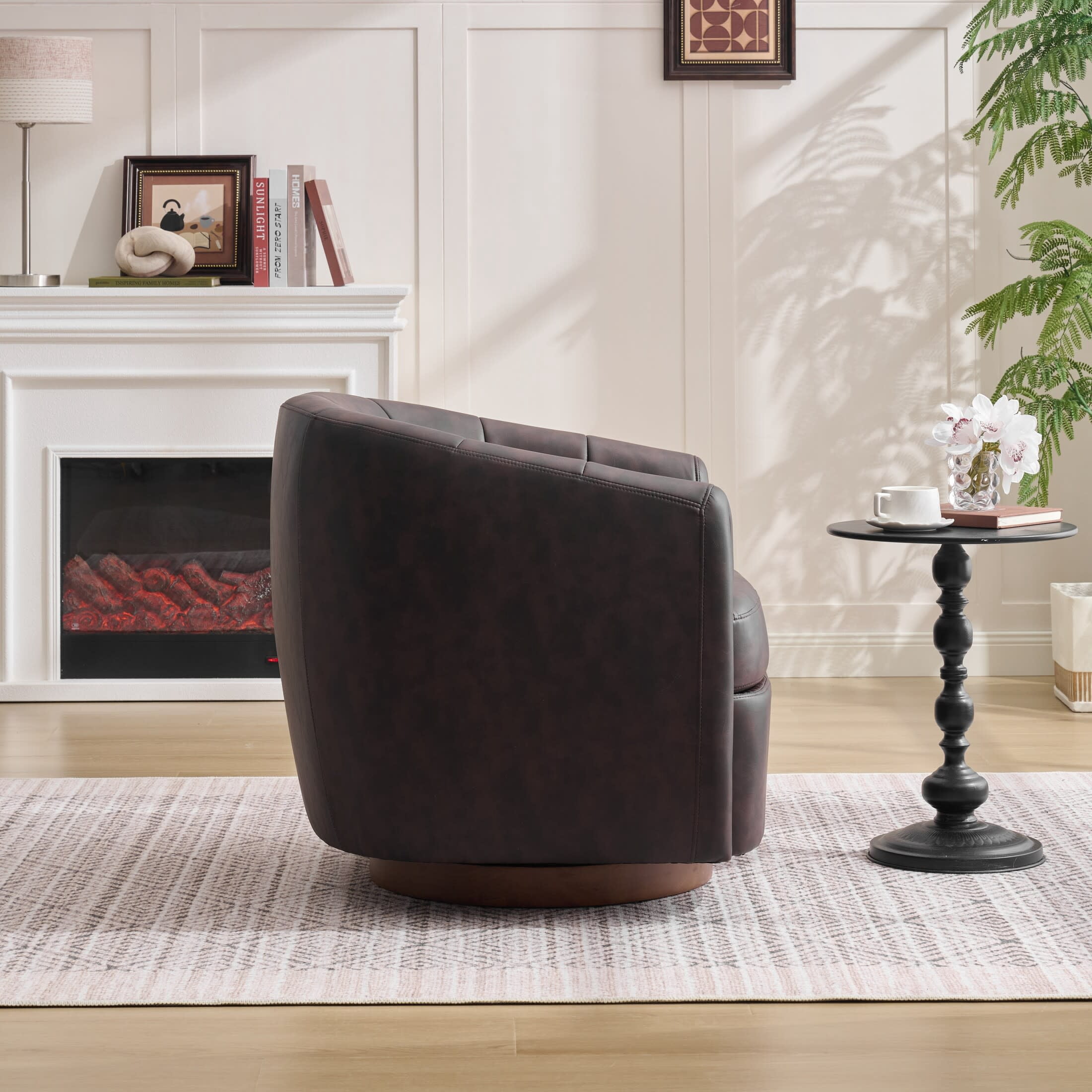 Noble House Swivel Accent Chair with Solid Wood Base, PU Upholstered Armchair for Living Room, Dark Brown