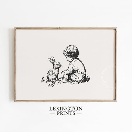 Baby And Bunny Neutral Nursery Vintage Illustration Rabbit Drawing Wall Art Curated Nursery Theme For Nursery And Bedroom Decor