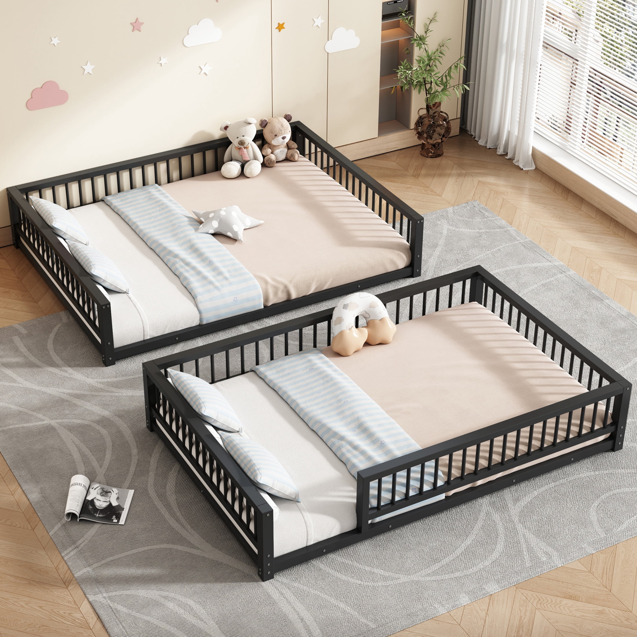 Noble House Full XL over Queen Bunk Bed, Heavy Duty Metal Frame with Integrated Ladder and Safety Guardrails, Black