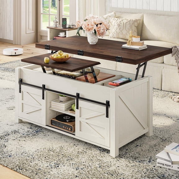40" Lift Top Coffee Table, 4-in-1 Farmhouse Center Table with Storage & Barn Doors, Converts to Dining Table for Living Room, Home Office, White