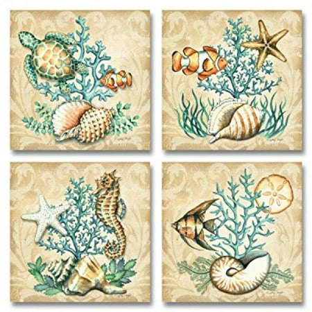 gango home dcor sea life still life collages; shells, seahorses, reef fish, starfishes & coral; four 12x12in
