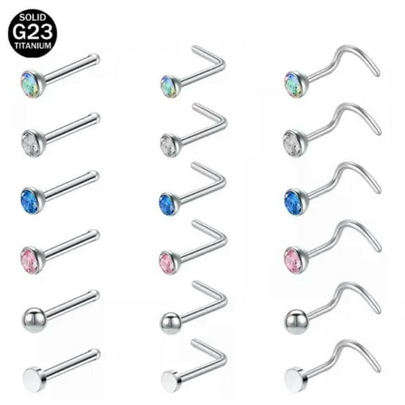 QQTDFG 1 Pc 20g Titanium Nose Stud I/L/S Shape Round Crystal Nostril Piercing Jewelry-Blue-S shape