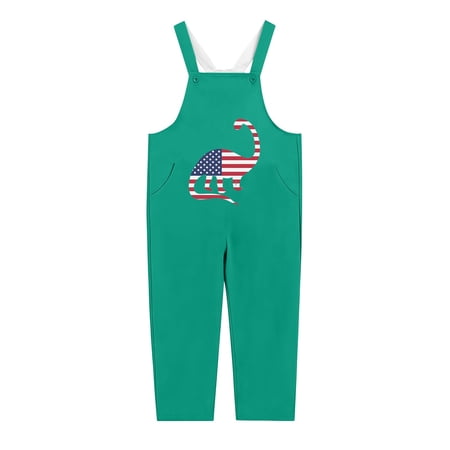 CPNG USA Flag Printed Independence Day Overalls for Girls and Boys Adjustable Straps Casual Long Overalls Jumpsuit with Pockets(Green 15-16 Years)