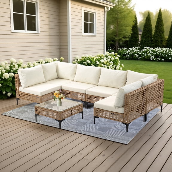 Delmango 7 Pieces Patio Furniture Set Boho Wicker Rattan Outdoor Sectional Sofa Set with Cushions & Table for Lawn, Backyard, Porch, Beige