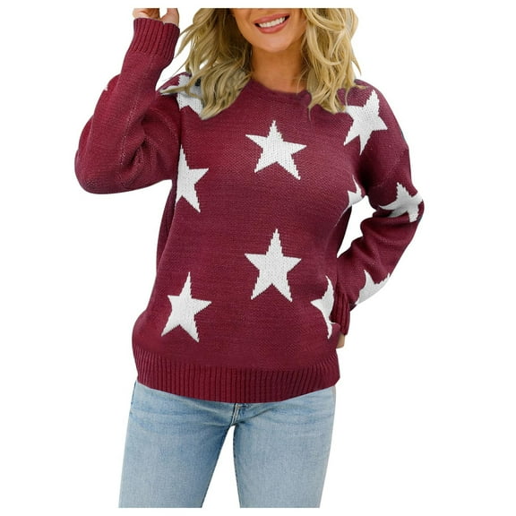 Womens Stars Graphic Printed Sweaters Slim Fitting Long Sleeve Pullover Sweater Casual Round Neck Regular Sweater