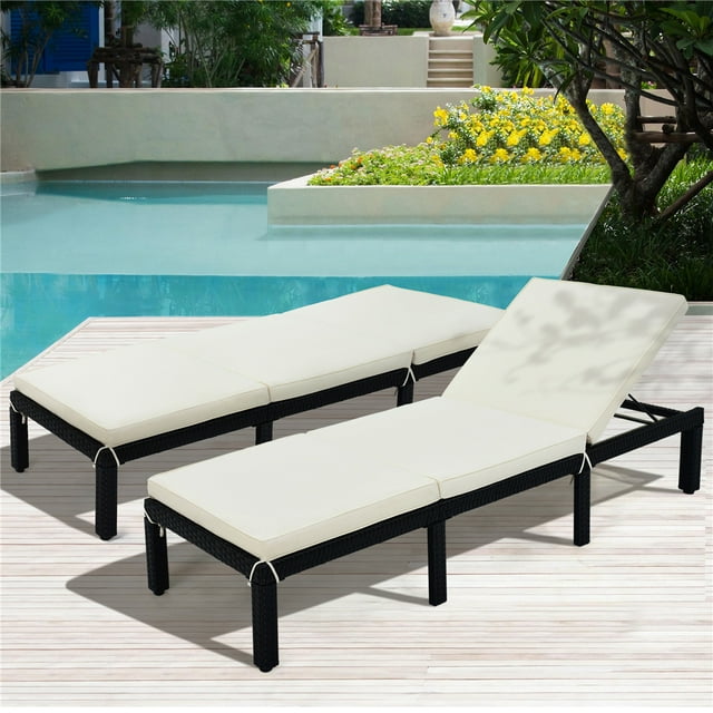 Chaise Lounge Chair, 2Pcs Patio Chaise Lounge Chairs Furniture Set with Beige Cushion and Adjustable Back, All-Weather PE Rattan Reclining Lounge Chair for Beach, Backyard, Porch, Garden, Pool, L4558
