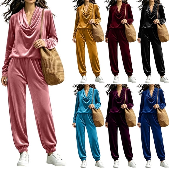 Women's Two Piece Velvet Outfits Cowl Neck Long Sleeve Tops Elastic Waist Joggers Fashion Loose Lounge Set (XL, Pink)
