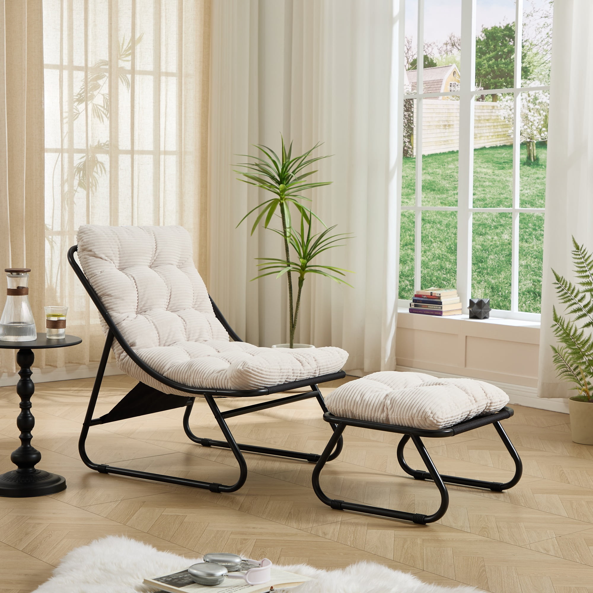 Patio Outdoor Lounge Chair with Ottoman, Comfy Sling Recliner Chair with Puffy Cushion and Foot Stool, Ideal for Living Room, Bedroom, Reading Room