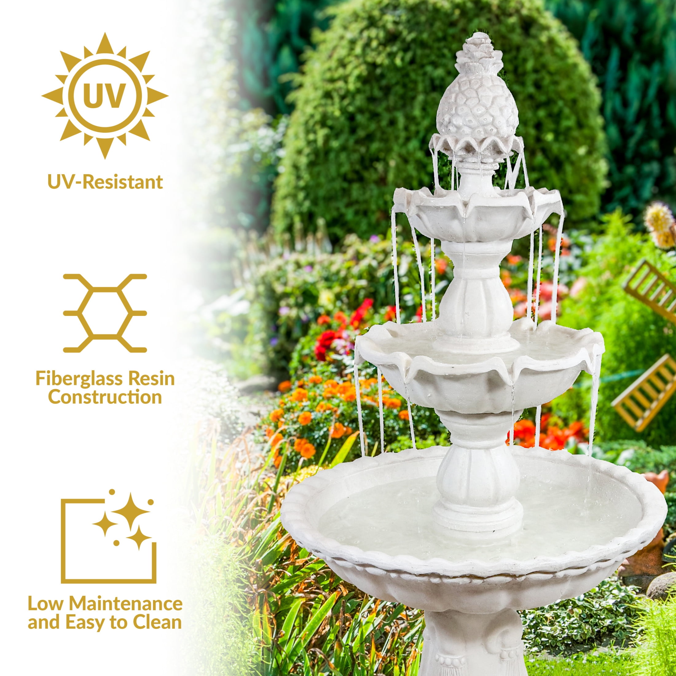 Sunnydaze Welcome Traditional White Fiberglass 3-Tiered Outdoor Water Fountain