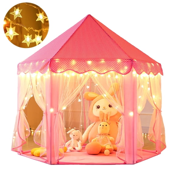 PigPigPen Princess Castle Play Tent for Girls Large Hexagon Playhouse with Star Lights Kids Play Tents for Children Indoor Games (Pink)