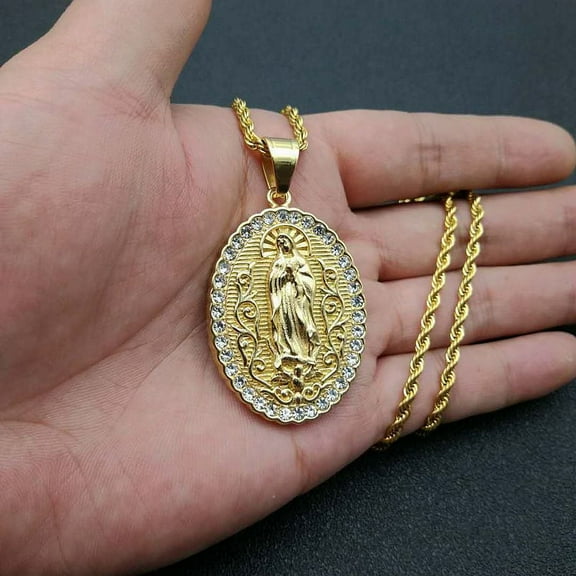 Virgin Mary Prayer Pendant Necklaces Golden color 14K Yellow Gold with rhinestone Women/Men Jewelry