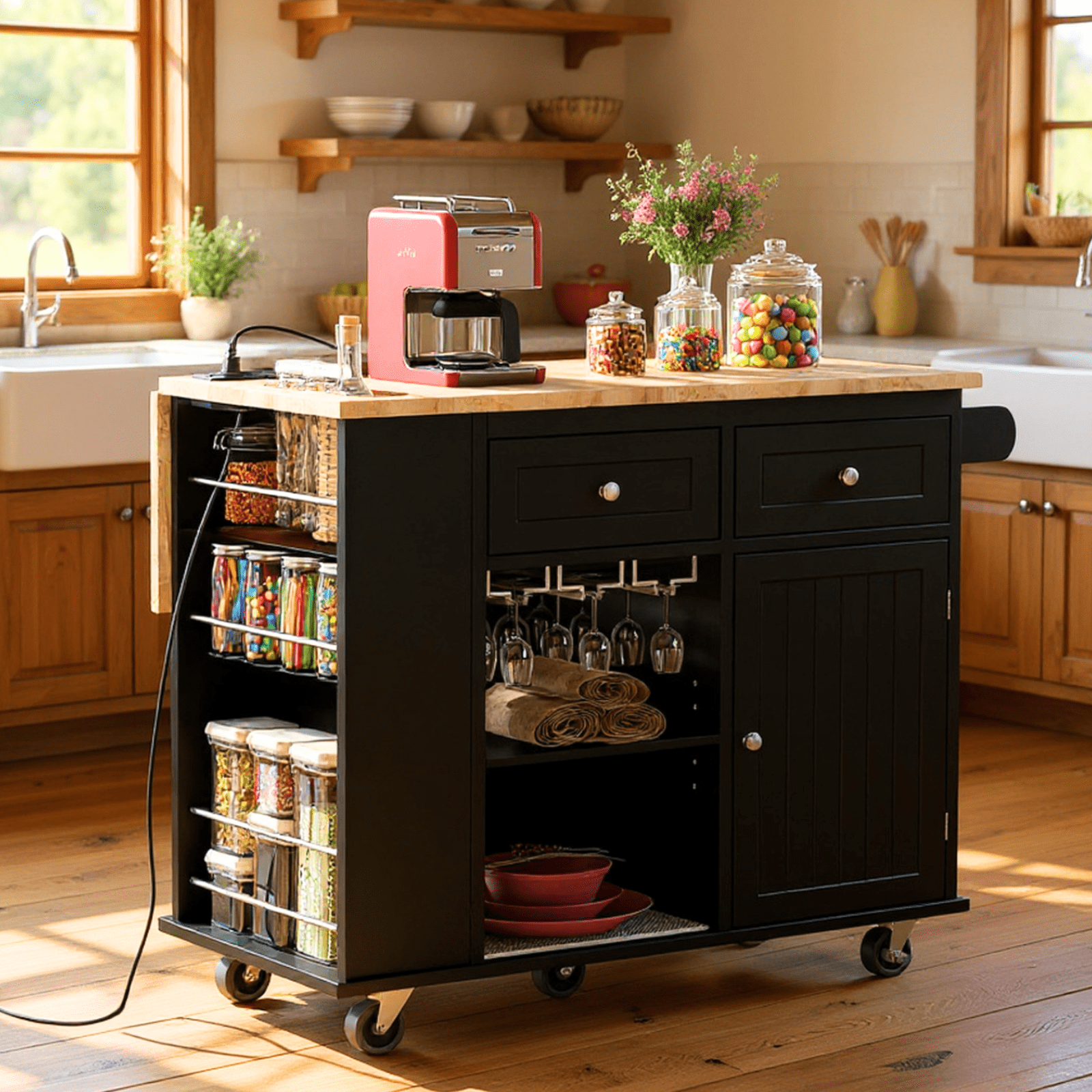 Homy Casa Kitchen Island with Power Outlet, Storage Cabinet on Wheels,for Kitchen & Dining Room, Black