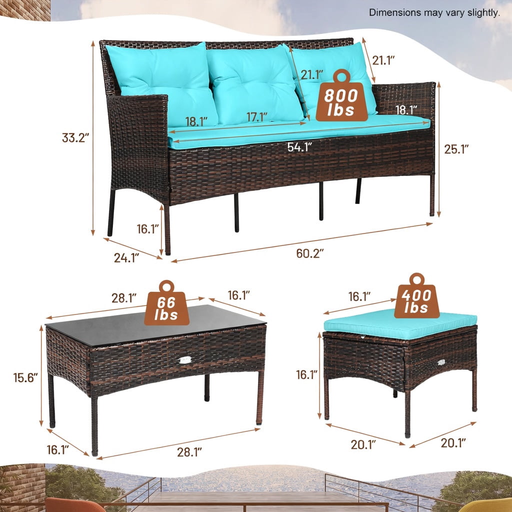 Hommoo 3-Piece Outdoor Patio Sectional Set, Woven Rattan Sofa, Ottoman & Glass Coffee Table with 5 Removable Cushions, Turquoise
