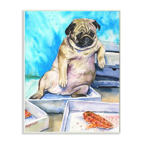 Stupell Industries Chubby Pug Dog with Pizza Boxes Pet Portrait Wall Plaque, 10 x 15, Design by George Dyachenko